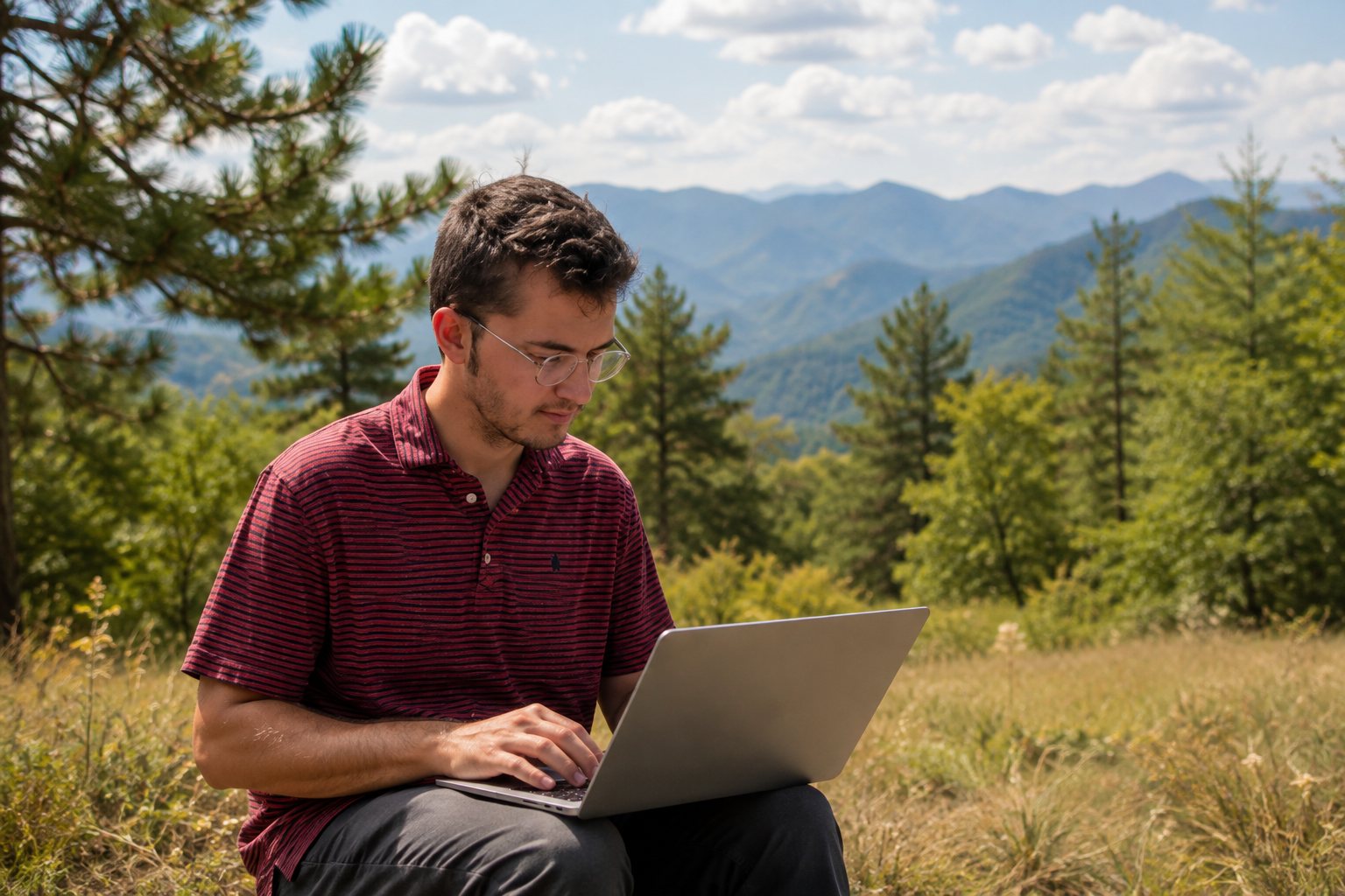 Dimitar Shopov working on a laptop outdoors